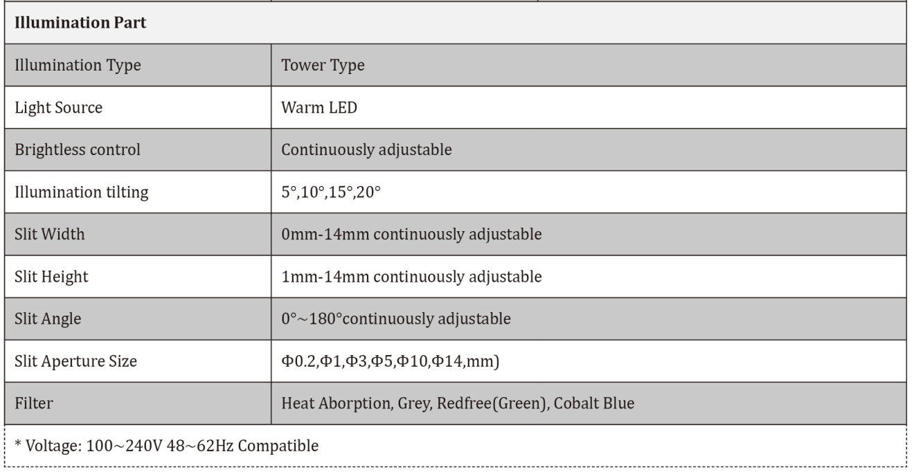 Main MediTech Slit Lamp SL-2S specifications